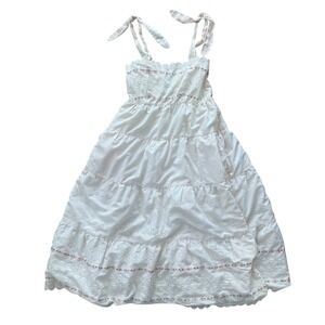 Vintage 70s Eyelet Prairie Maxi Dress Lace Up Corset Back XS White